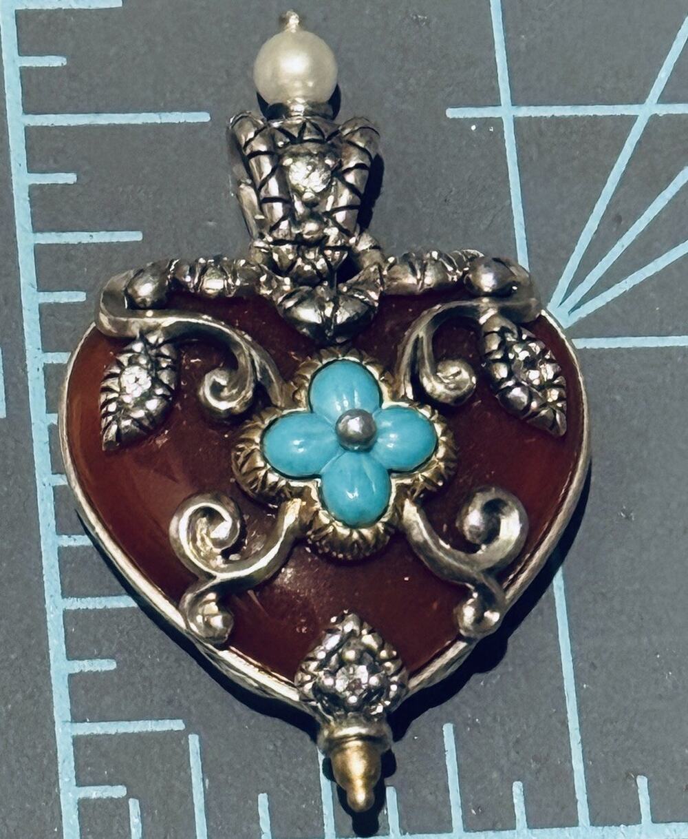 Vintage Barbara Bixby 18K & 925 Sterling Carnelian Turquoise Pearl Heart Pendant